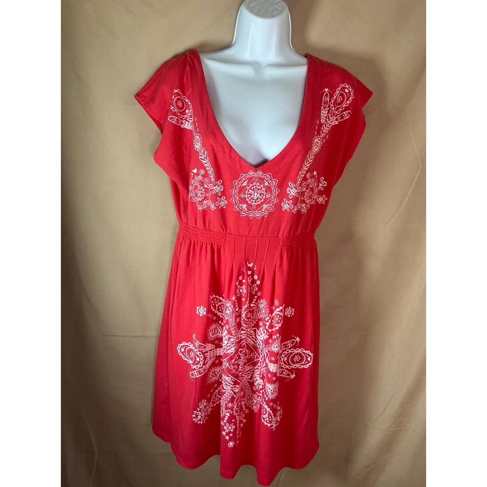 Venus Mini Dress Women Large Red Excellent Mandala Smocked Waist V-Neck Cap Slee